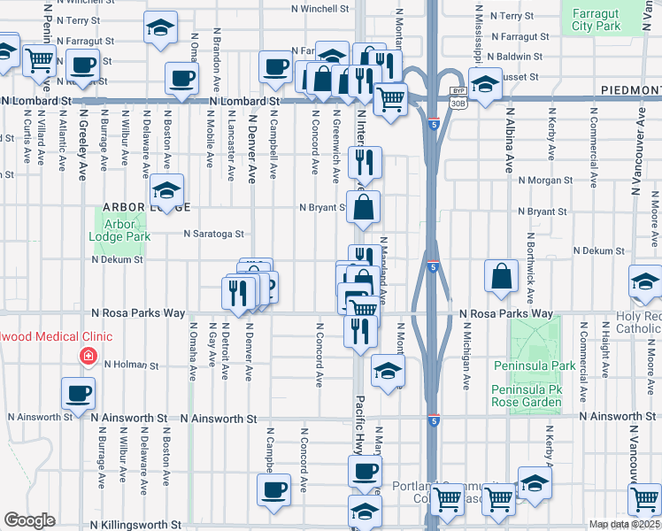 map of restaurants, bars, coffee shops, grocery stores, and more near 1604 North Dekum Street in Portland