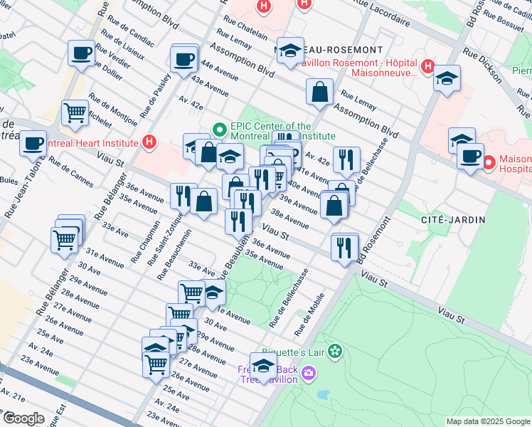 map of restaurants, bars, coffee shops, grocery stores, and more near in Montréal