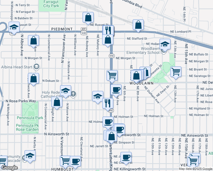 map of restaurants, bars, coffee shops, grocery stores, and more near 6700 Northeast Garfield Avenue in Portland
