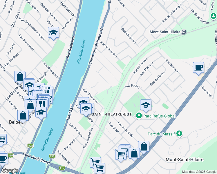 map of restaurants, bars, coffee shops, grocery stores, and more near 180 Rue Millier in Mont-Saint-Hilaire