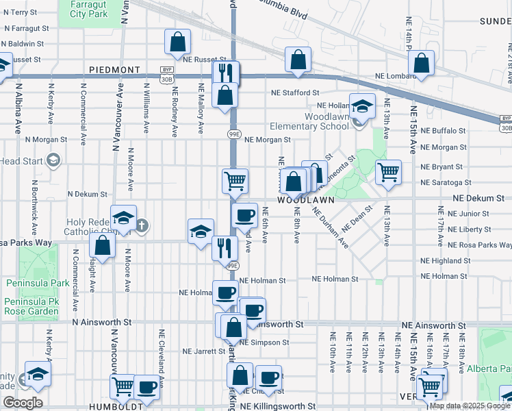 map of restaurants, bars, coffee shops, grocery stores, and more near 6629 Northeast 6th Avenue in Portland