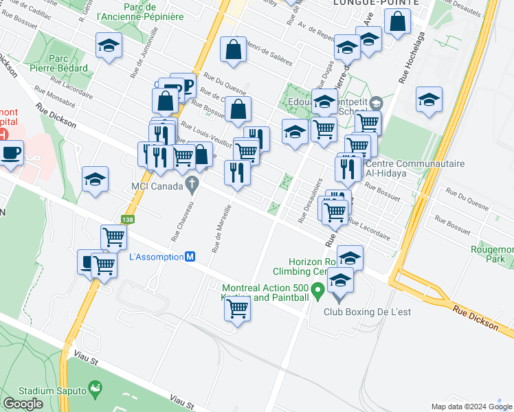 map of restaurants, bars, coffee shops, grocery stores, and more near 2833 Rue Dickson in Montréal