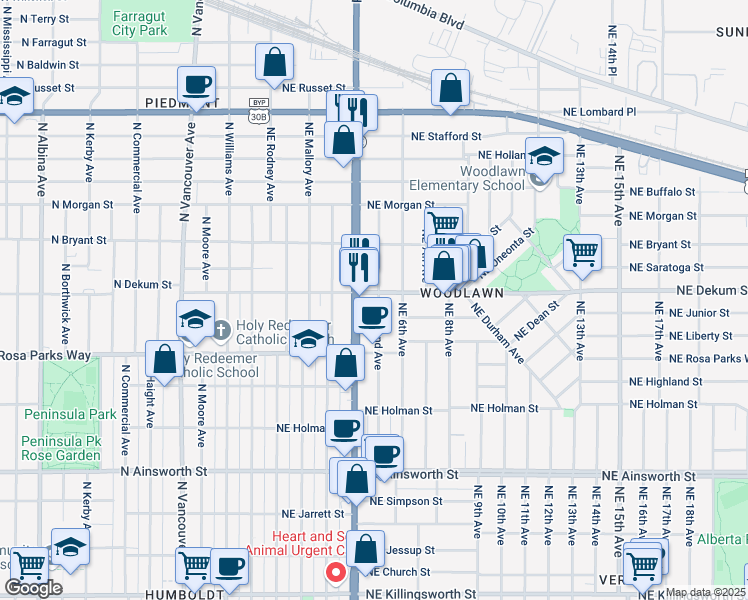 map of restaurants, bars, coffee shops, grocery stores, and more near in Portland