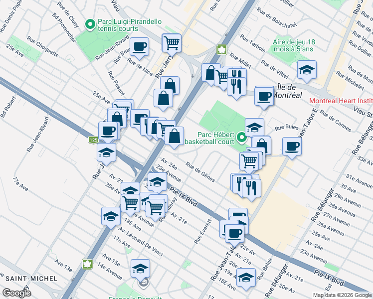 map of restaurants, bars, coffee shops, grocery stores, and more near 7679 Boulevard Provencher in Montréal