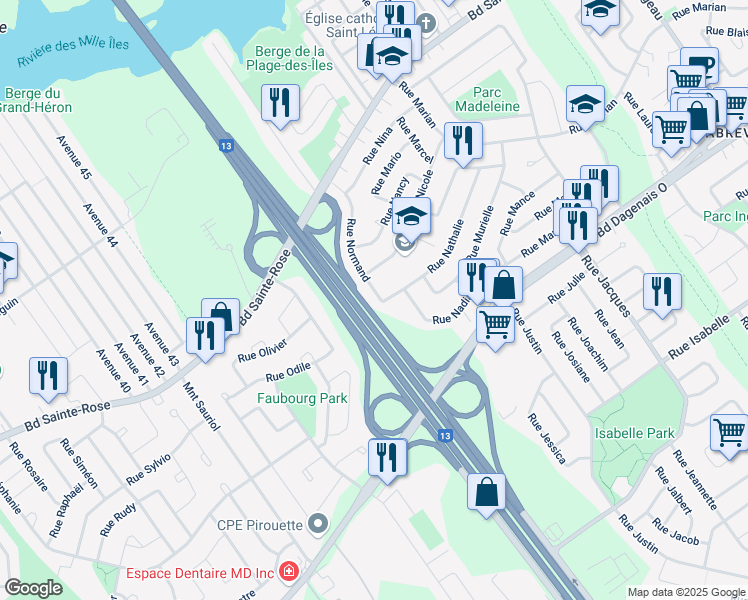 map of restaurants, bars, coffee shops, grocery stores, and more near 769 Rue Normand in Laval