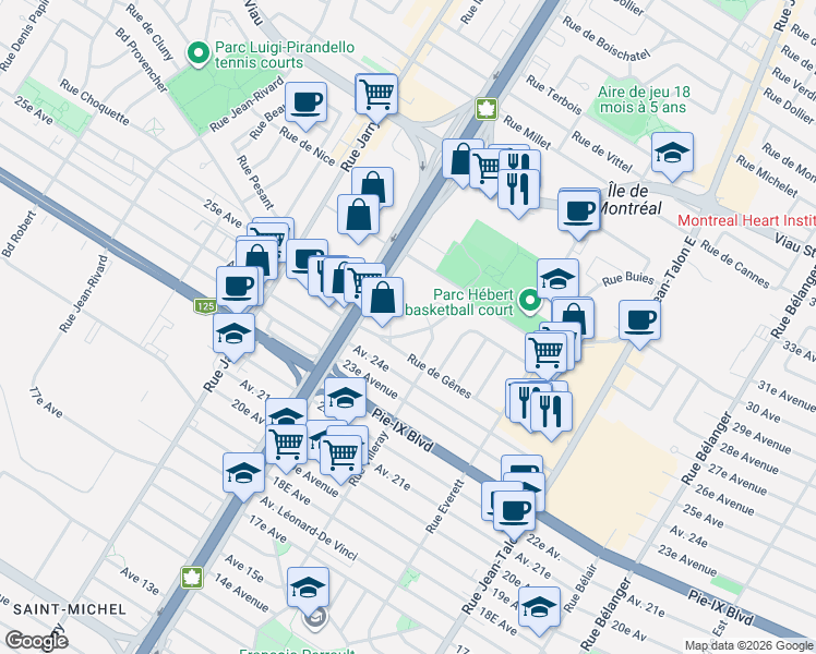 map of restaurants, bars, coffee shops, grocery stores, and more near 7679 Boulevard Provencher in Montréal
