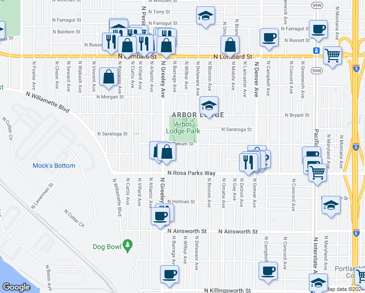 map of restaurants, bars, coffee shops, grocery stores, and more near 2610 North Dekum Street in Portland