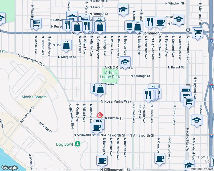 map of restaurants, bars, coffee shops, grocery stores, and more near 2610 North Dekum Street in Portland