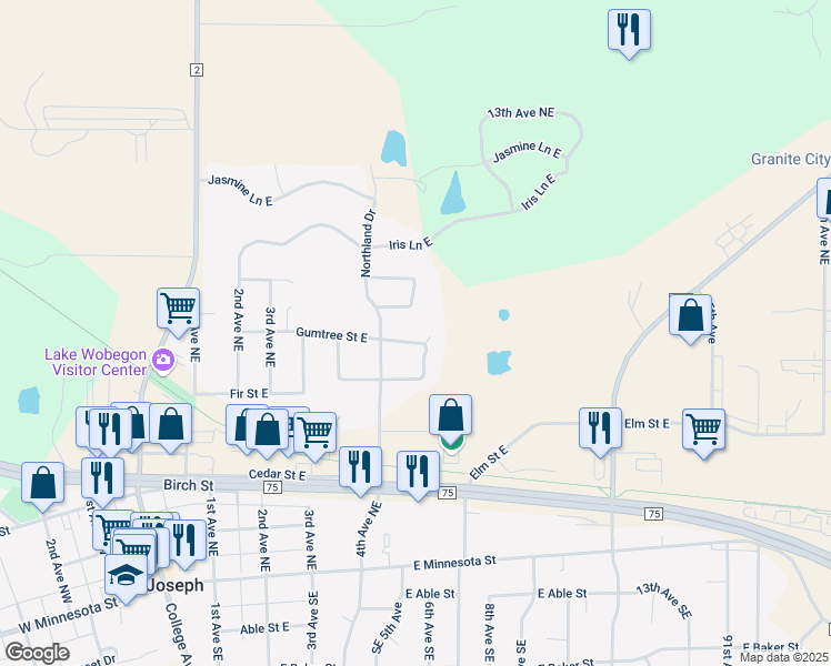 map of restaurants, bars, coffee shops, grocery stores, and more near 623 Gumtree Street East in Saint Joseph