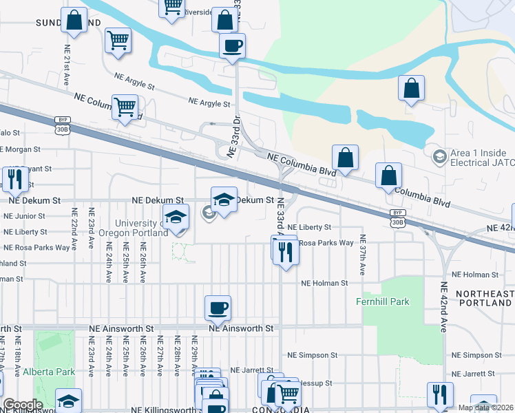 map of restaurants, bars, coffee shops, grocery stores, and more near 3206 Northeast Dekum Street in Portland
