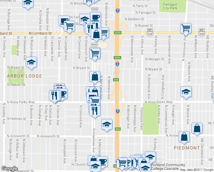 map of restaurants, bars, coffee shops, grocery stores, and more near 6712 North Maryland Avenue in Portland