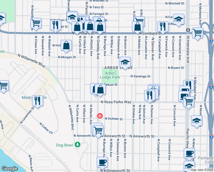 map of restaurants, bars, coffee shops, grocery stores, and more near 2610 North Dekum Street in Portland