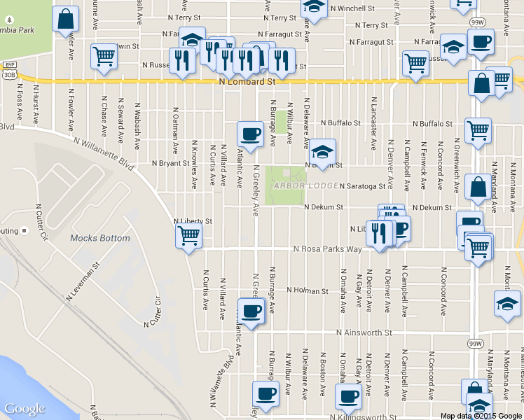map of restaurants, bars, coffee shops, grocery stores, and more near 6731 North Greeley Avenue in Portland