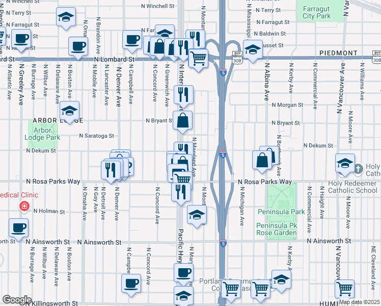 map of restaurants, bars, coffee shops, grocery stores, and more near 6718 North Interstate Avenue in Portland
