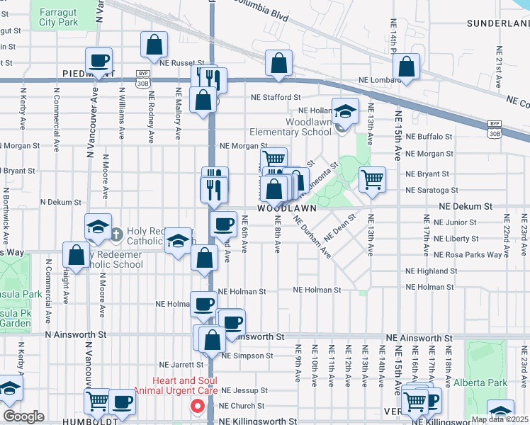 map of restaurants, bars, coffee shops, grocery stores, and more near 704 Northeast Dekum Street in Portland