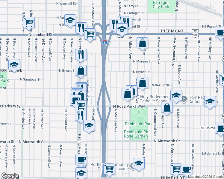 map of restaurants, bars, coffee shops, grocery stores, and more near 6732 North Missouri Avenue in Portland