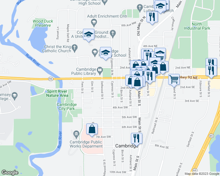map of restaurants, bars, coffee shops, grocery stores, and more near 422 2nd Avenue Southwest in Cambridge