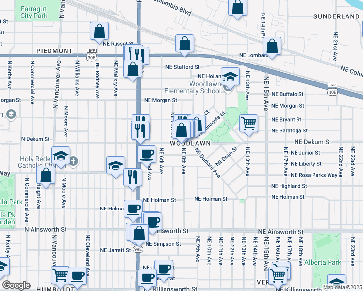 map of restaurants, bars, coffee shops, grocery stores, and more near 704 Northeast Dekum Street in Portland
