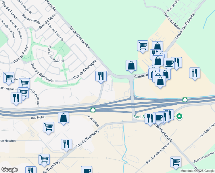 map of restaurants, bars, coffee shops, grocery stores, and more near in Boucherville