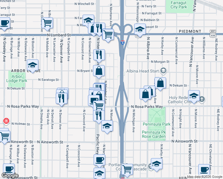 map of restaurants, bars, coffee shops, grocery stores, and more near 6712 North Maryland Avenue in Portland