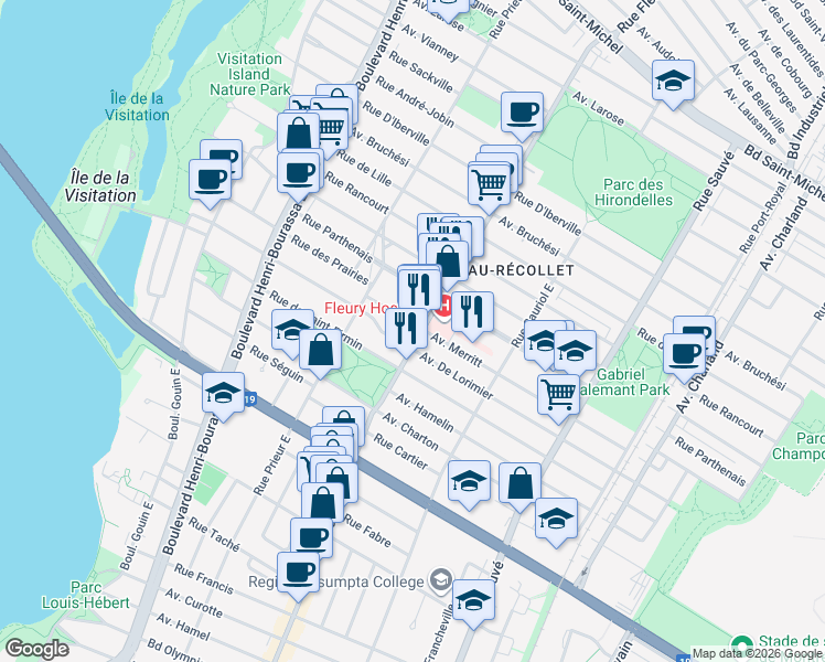 map of restaurants, bars, coffee shops, grocery stores, and more near 2145 Rue Fleury Est in Montréal