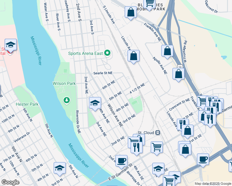 map of restaurants, bars, coffee shops, grocery stores, and more near 502 5th Avenue Northeast in Saint Cloud