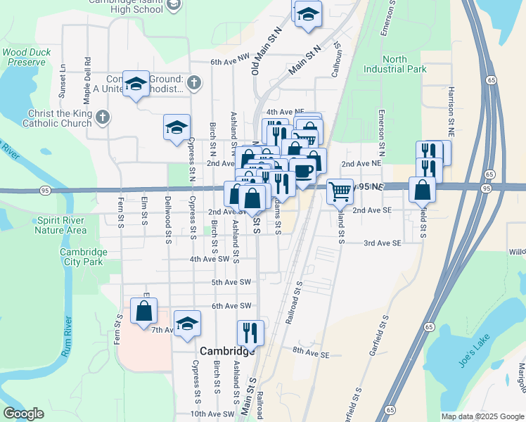 map of restaurants, bars, coffee shops, grocery stores, and more near 129 2nd Avenue Southeast in Cambridge