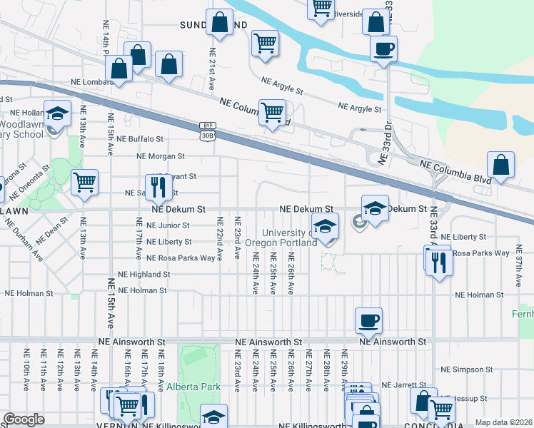 map of restaurants, bars, coffee shops, grocery stores, and more near 6716 Northeast 25th Avenue in Portland