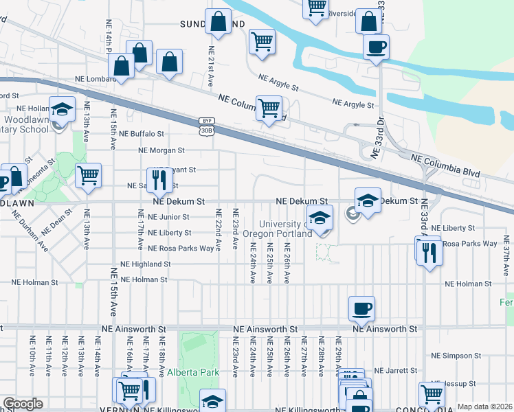 map of restaurants, bars, coffee shops, grocery stores, and more near 6715 Northeast 24th Avenue in Portland
