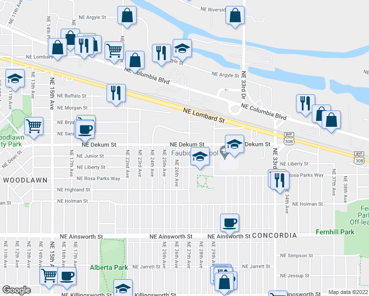 map of restaurants, bars, coffee shops, grocery stores, and more near 6717 Northeast 27th Avenue in Portland