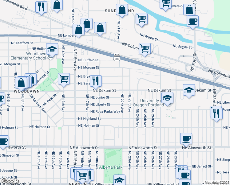 map of restaurants, bars, coffee shops, grocery stores, and more near 2036 Northeast Dekum Street in Portland