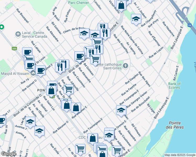 map of restaurants, bars, coffee shops, grocery stores, and more near 140 Chemin de la Tournelle in Laval