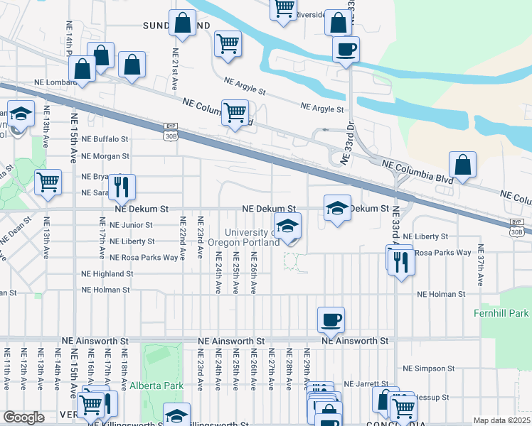 map of restaurants, bars, coffee shops, grocery stores, and more near 6717 Northeast 27th Avenue in Portland