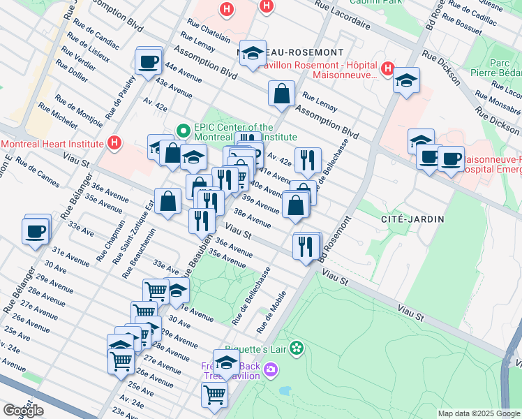 map of restaurants, bars, coffee shops, grocery stores, and more near 6380 39e Avenue in Montréal