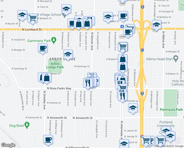map of restaurants, bars, coffee shops, grocery stores, and more near N Denver Ave & N Dekum St in Portland