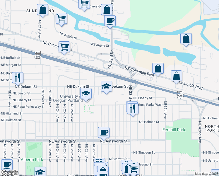 map of restaurants, bars, coffee shops, grocery stores, and more near 3102 Northeast Dekum Street in Portland