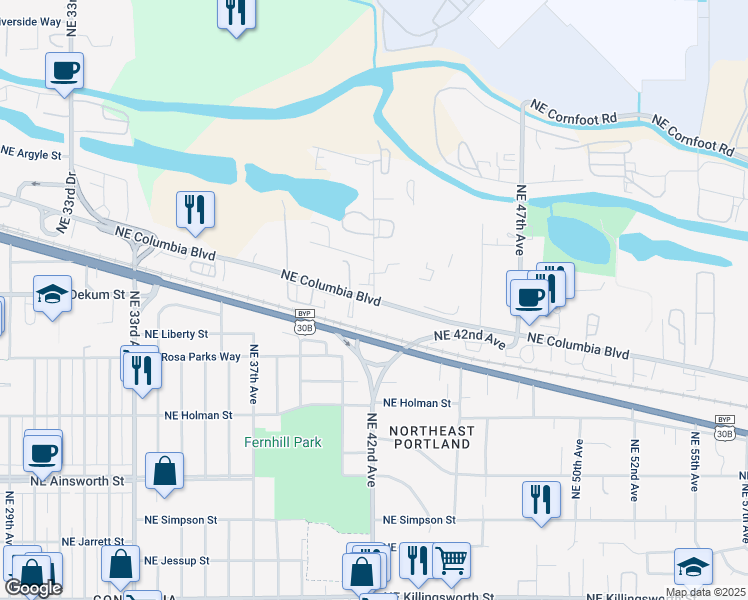 map of restaurants, bars, coffee shops, grocery stores, and more near Northeast Columbia Boulevard in Portland