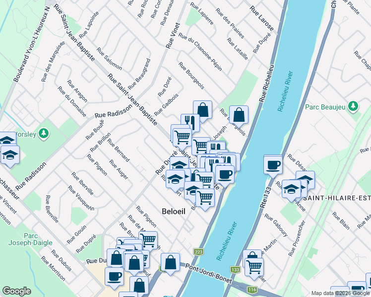 map of restaurants, bars, coffee shops, grocery stores, and more near 251 Rue Saint-Jean-Baptiste in Beloeil