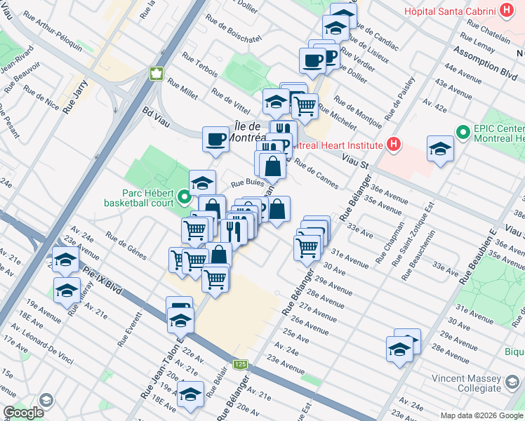 map of restaurants, bars, coffee shops, grocery stores, and more near 4650 Rue Jean-Talon Est in Montreal