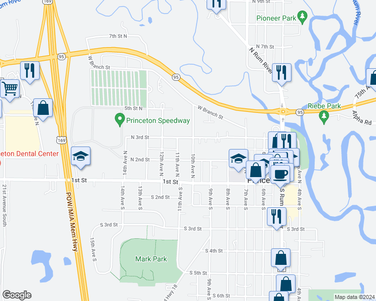 map of restaurants, bars, coffee shops, grocery stores, and more near 207 10th Avenue North in Princeton