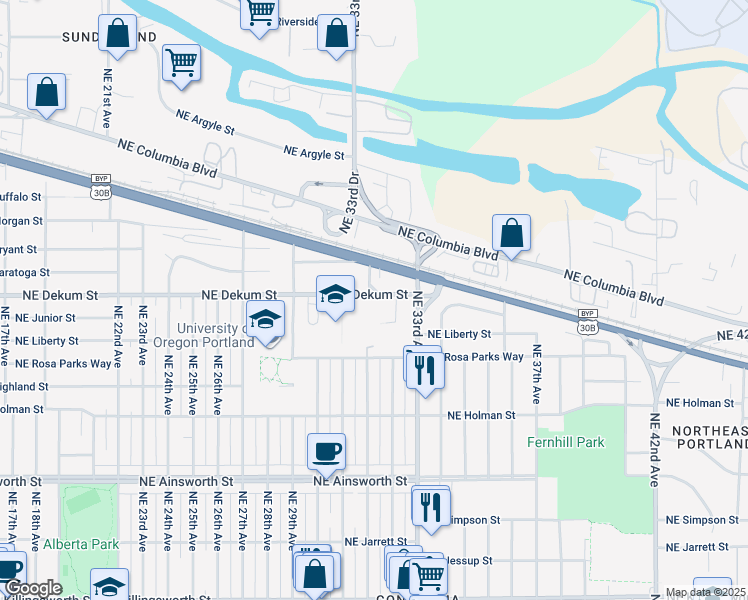 map of restaurants, bars, coffee shops, grocery stores, and more near 3206 Northeast Dekum Street in Portland
