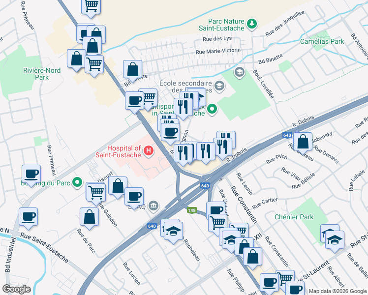 map of restaurants, bars, coffee shops, grocery stores, and more near 67 Rue Grignon in Saint-Eustache