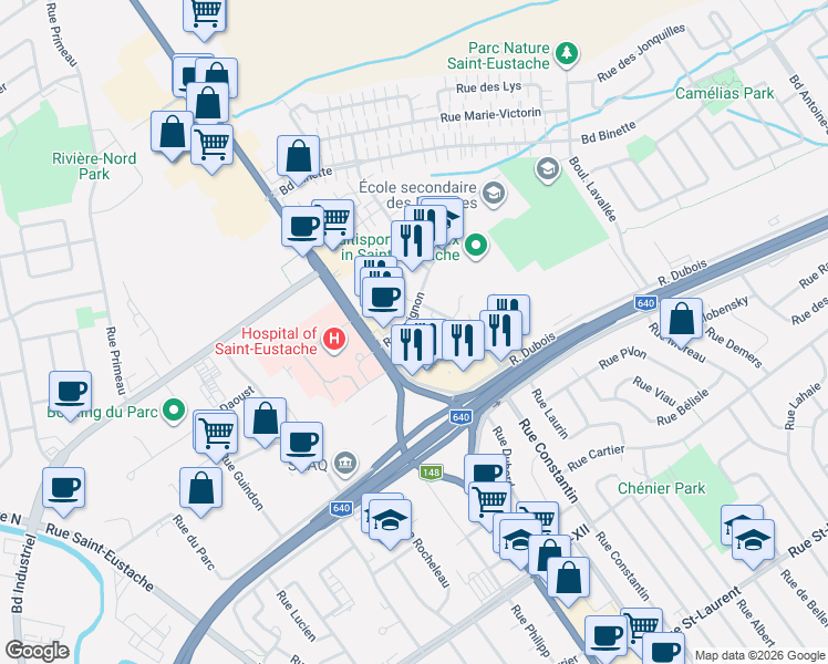 map of restaurants, bars, coffee shops, grocery stores, and more near 67 Rue Grignon in Saint-Eustache