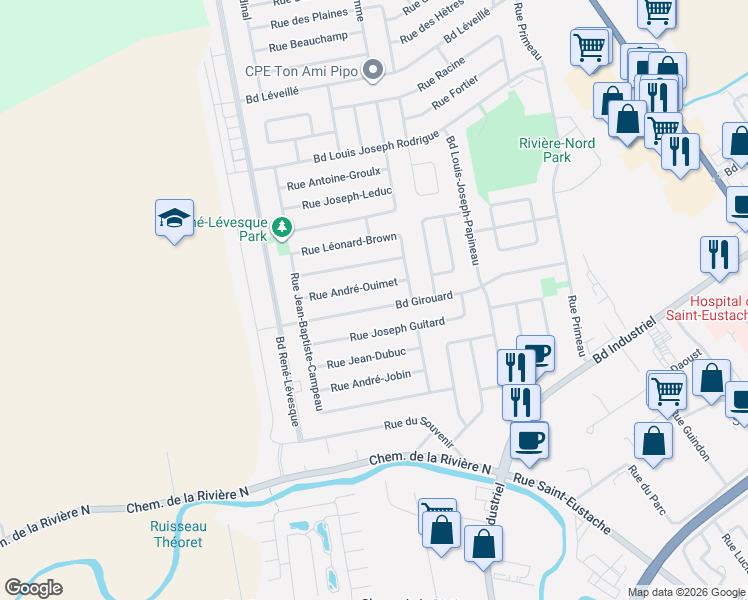 map of restaurants, bars, coffee shops, grocery stores, and more near 271 Boulevard Girouard in Saint-Eustache