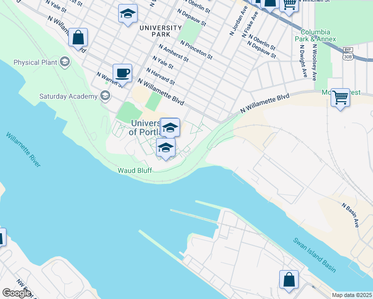 map of restaurants, bars, coffee shops, grocery stores, and more near 5000 North Willamette Boulevard in Portland