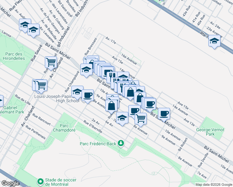 map of restaurants, bars, coffee shops, grocery stores, and more near 9100 Boulevard Saint-Michel in Montréal