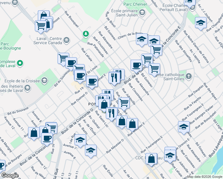 map of restaurants, bars, coffee shops, grocery stores, and more near 66 Boulevard de la Concorde Est in Laval
