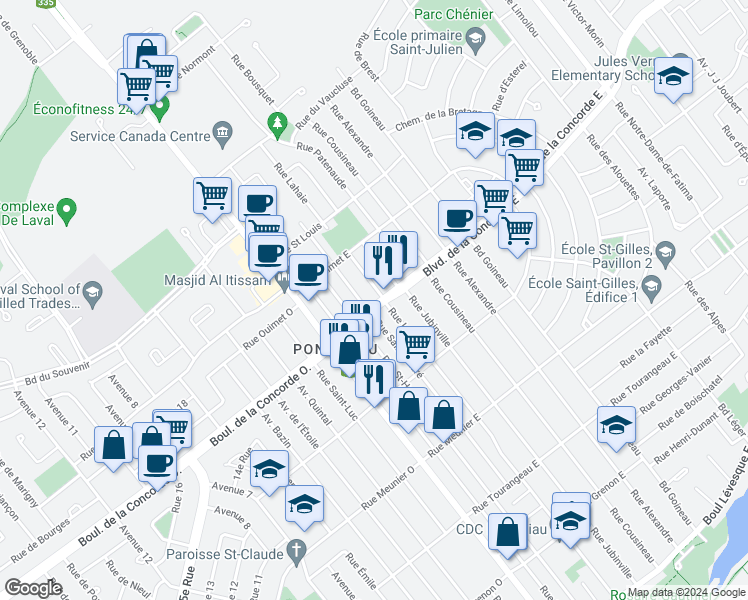 map of restaurants, bars, coffee shops, grocery stores, and more near 66 Boulevard de la Concorde Est in Laval