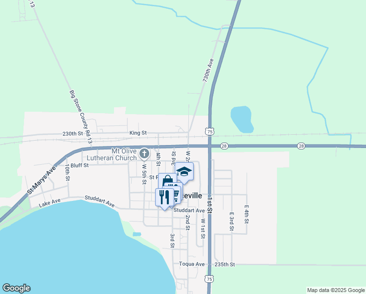 map of restaurants, bars, coffee shops, grocery stores, and more near Minnesota 28 in Graceville