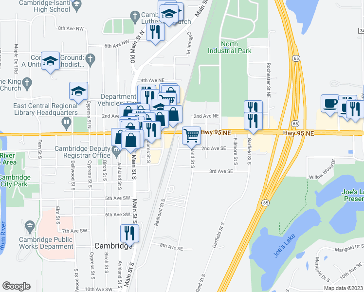 map of restaurants, bars, coffee shops, grocery stores, and more near 142 Railroad Street South in Cambridge
